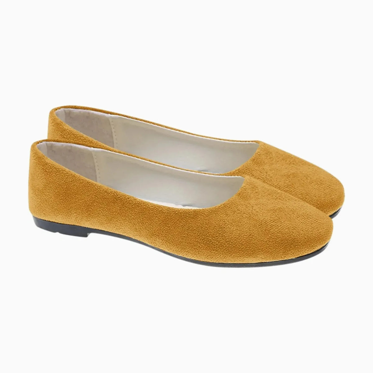 paire de ballerines plates en jaune moutarde, vue sur fond blanc