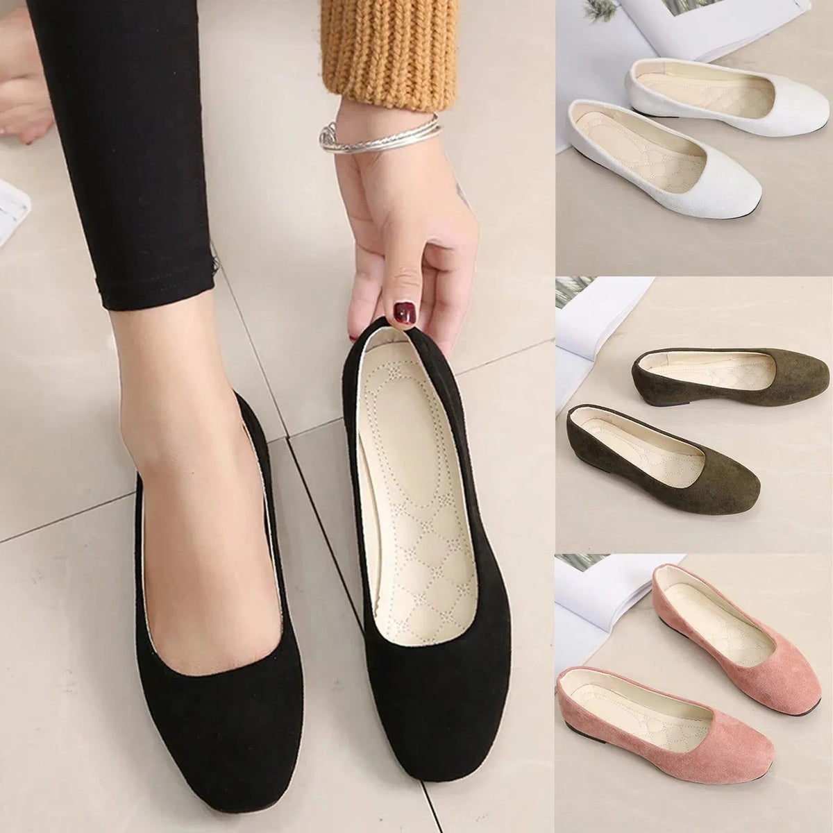 ballerines portées avec un pantalon noir et posées à la main