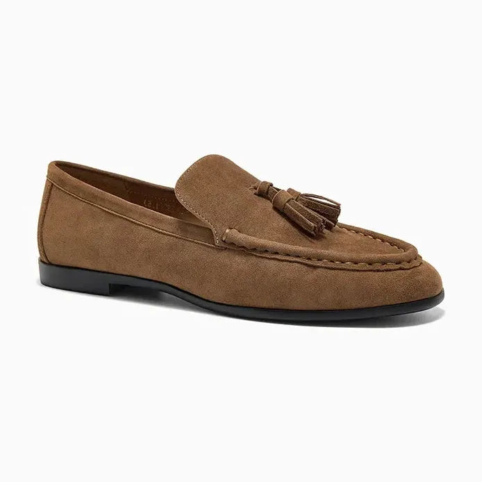 Chaussure en daim femme à glands seule sur fond blanc, coloris marron