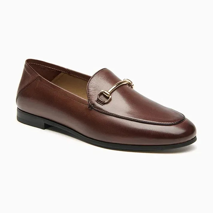 loafer en cuir coloris café posée sur fond uni