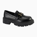 Mocassin à mors femme en vernis noir avec semelle crantée et mors doré