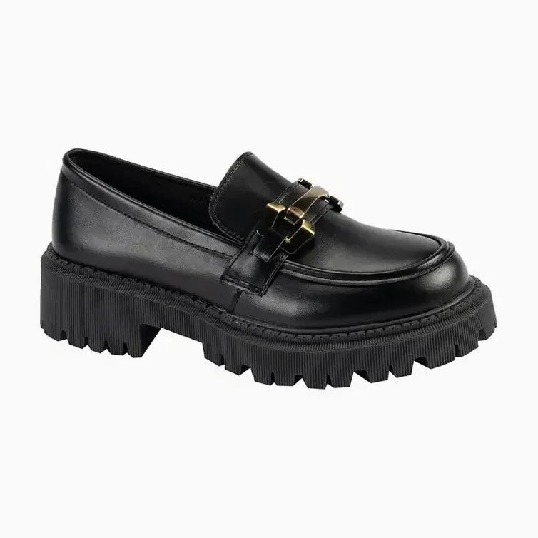 Mocassin à mors femme en vernis noir avec semelle crantée et mors doré