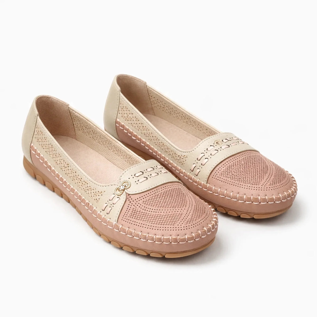 mocassin bicolore femme, coloris rose, sur fond uni