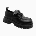 Mocassin derby noir mat à plateforme épaisse avec ailes de chauve-souris et chaîne métallique