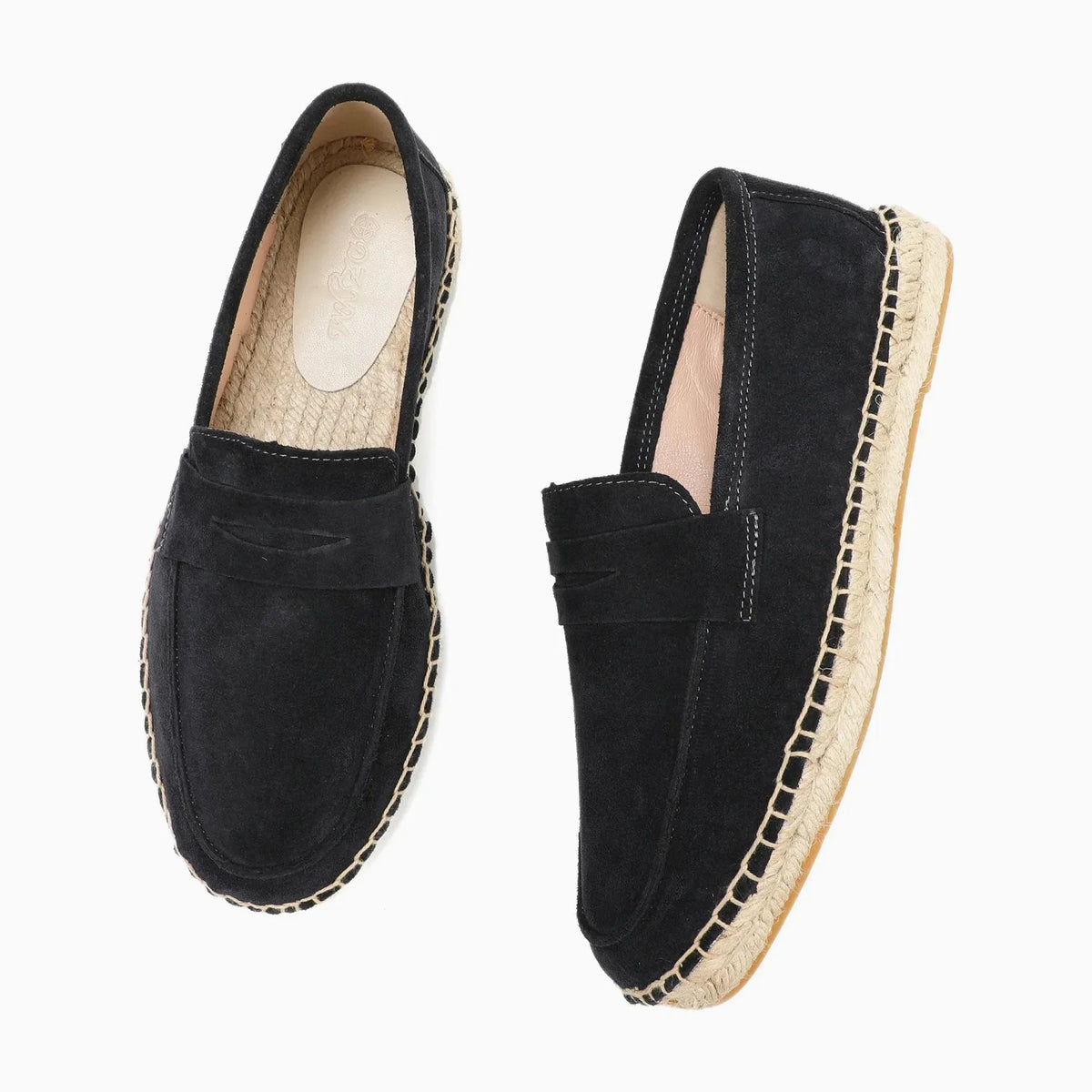 mocassin espadrille homme en daim noir sur fond uni vu de dessus et profil