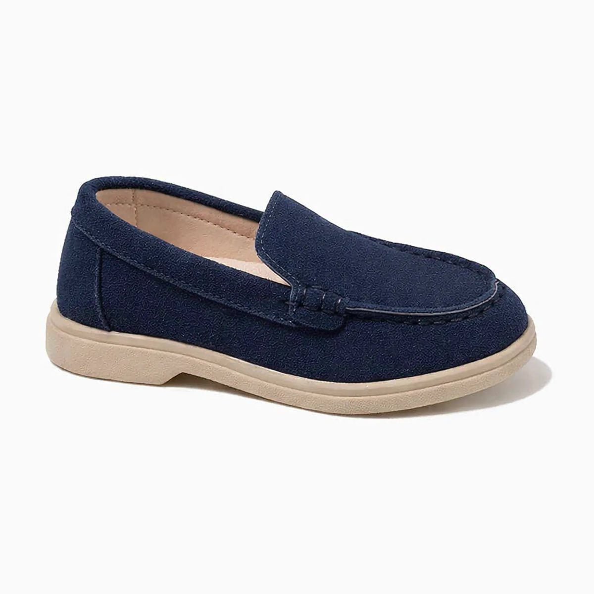 vue latérale du mocassin garçon souple à enfiler en bleu