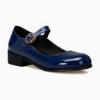 mocassin mary jane en vernis bleu marine avec bride et boucle dorée
