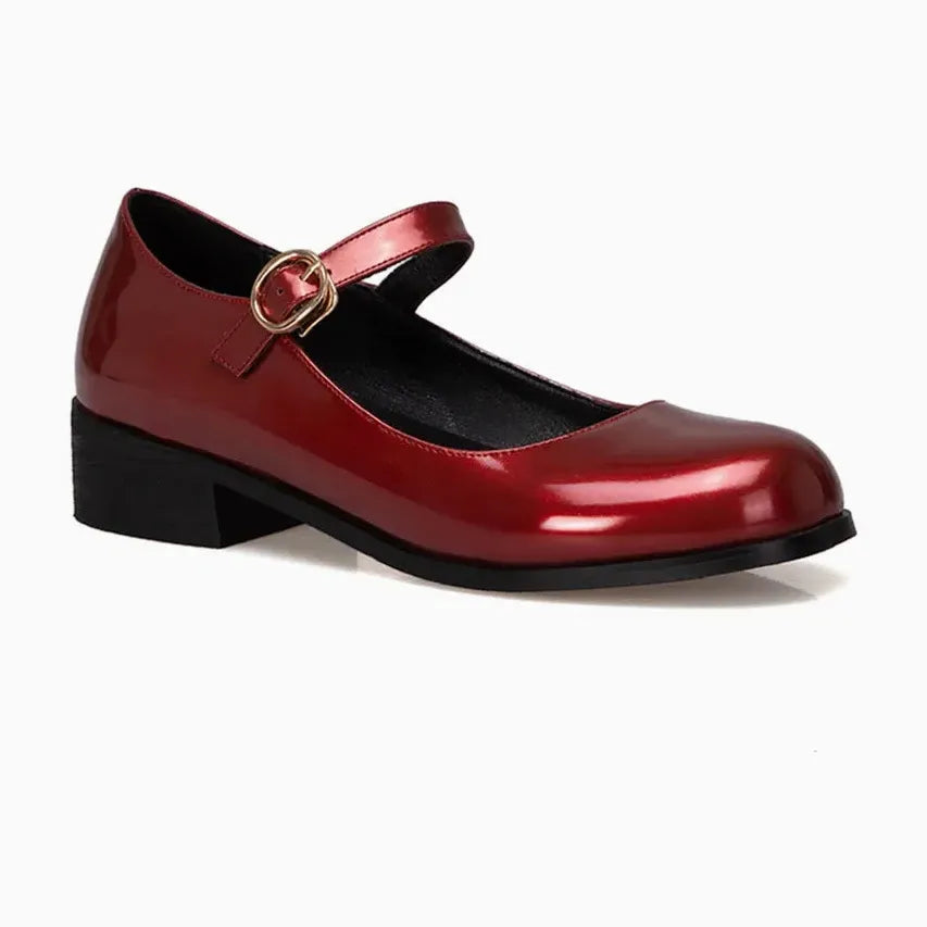mocassin mary jane en vernis bordeaux avec bride et talon carré