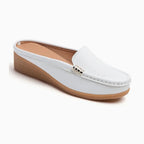 Mule blanche en cuir avec semelle beige, vue de côté sur fond neutre