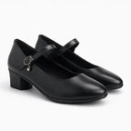 Mocassin petit talon femme à bride en noir, vu de trois quarts