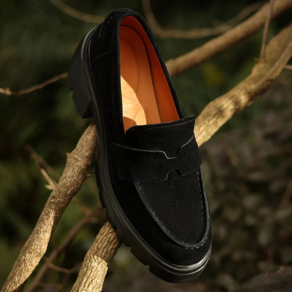 Mocassin noir posé sur une branche dans un décor naturel extérieur
