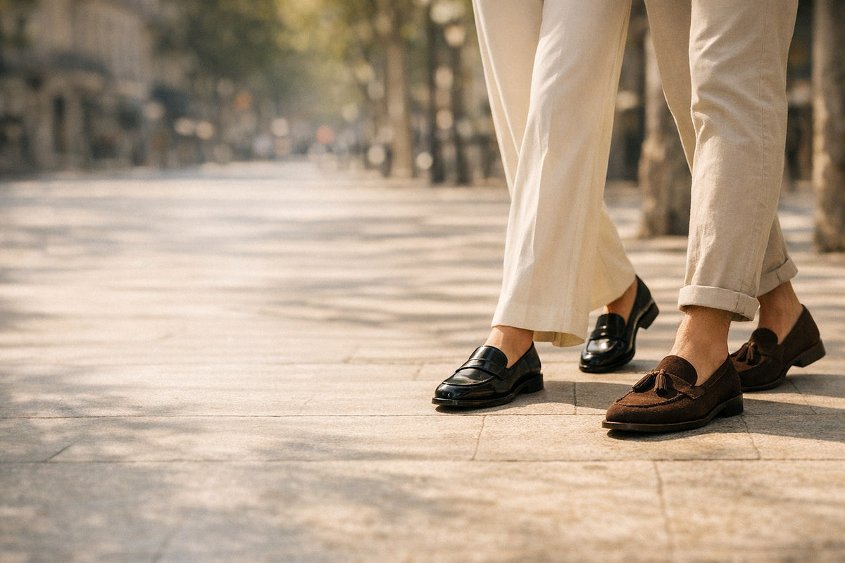 Mocassins femme et homme portés sur une avenue ensoleillée